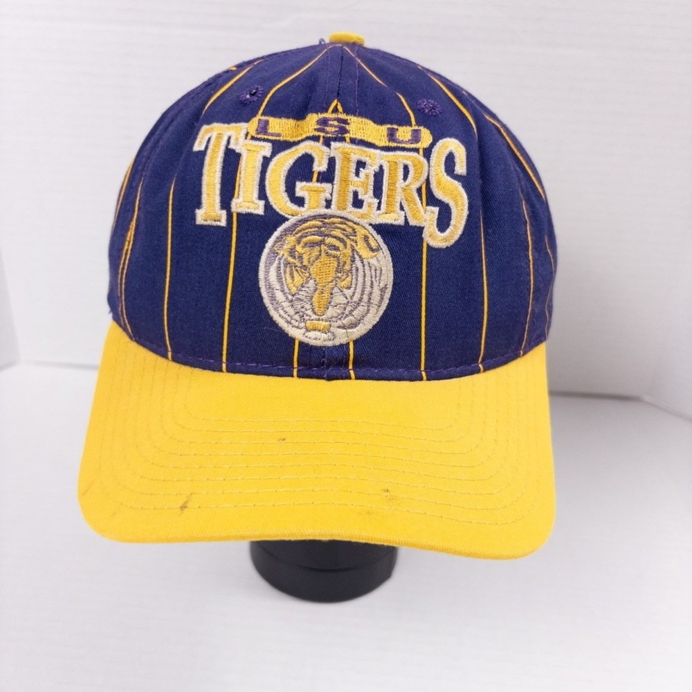 Vintage LSU Tigers Snapback Hat Purple Gold Pinstripe The Game 90s USA Made